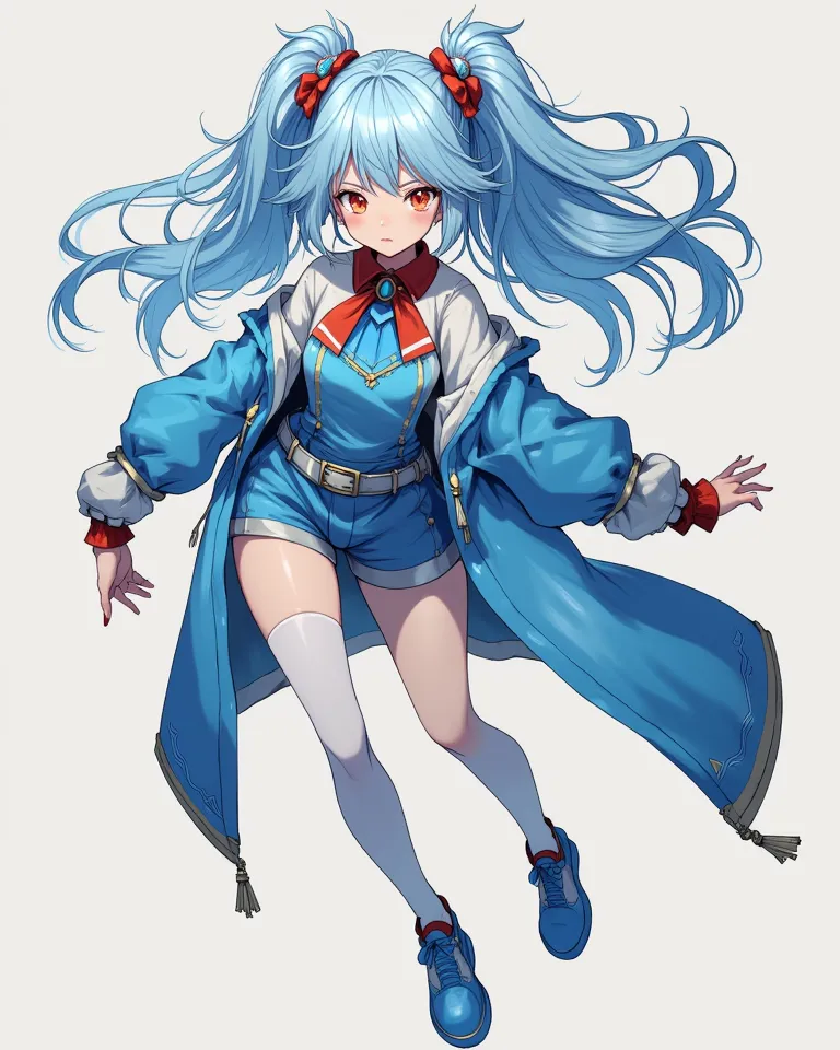  Young adult woman , long hair in light cerulean color and cornflower blue,  loose hair, two hair ties on the right side of the head, one white and the other red, right eye cornflower blue and right eye red Persian,  pale skin,  breasts, light blue long ja...