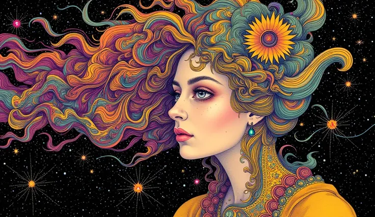 {young beautiful woman, intricate psychedelic patterns, vibrant colors, flowing hair, mesmerizing gaze, detailed skin textures, otherworldly beauty, cosmic elements} 
type: portrait, 


psychedelic cosmic, oniric, fluid, ethereal,alex gray, Robert crumb, H...