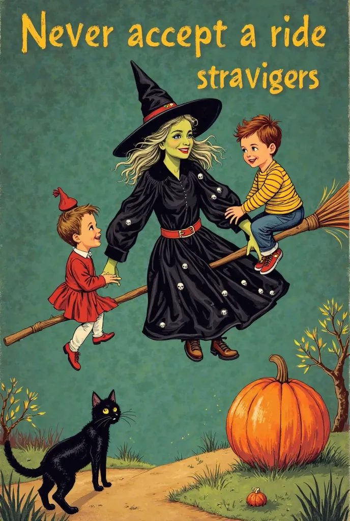 Create a vintage-style illustration from an educational book , with vibrant colors and a retro touch. The scene must show a classic witch, With greenish skin , disheveled hair and a pointed hat, wearing a black robe decorated with small skulls. She is flyi...