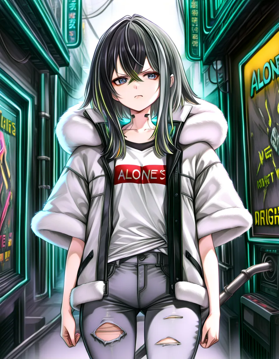 {(((Highest quality, masterpiece,high resolution)))}
{((  1girl  ,alone,annoyed,((gripping iron pipe)),))},{((black hair, ((((highlights hair,gray  streaked hair)))),crossed bangs,))},{((fur coat,short sleeved shirt,ripped jeans))},{(cyberpunk,neon market)...