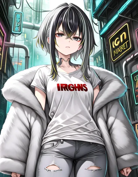 {(((Highest quality, masterpiece,high resolution)))}
{((  1girl  ,alone,annoyed,((gripping iron pipe)),))},{((black hair, ((((highlights hair,gray  streaked hair)))),crossed bangs,))},{((fur coat,short sleeved shirt,ripped jeans))},{(cyberpunk,neon market)...