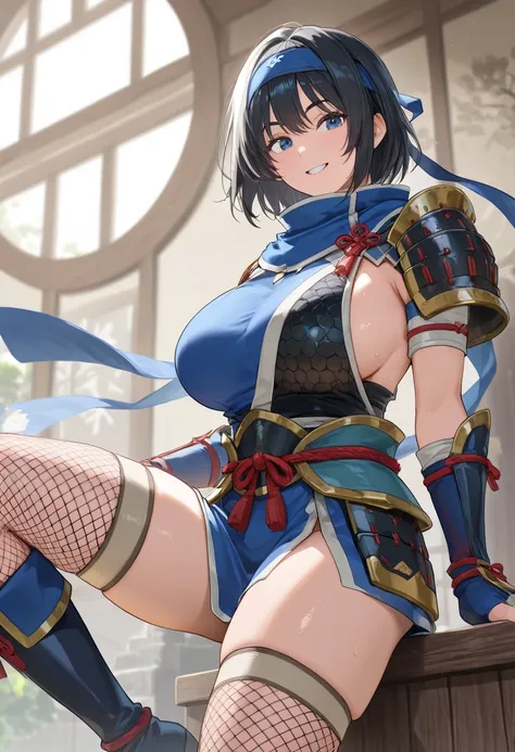 solo、black hair, short hair, kamura armor, blue headband, blue scarf, blue gauntlets, fishnet thighhighs, blue knee boots,Big Breasts、smile