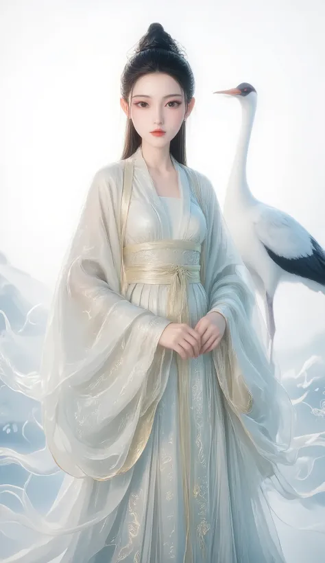 a girl, Ancient Chinese clothing, full body, sunshine, Clear face, Clean White Background , masterpiece, super detailed, Epic Composition, Ultra HD, high quality, Extremely fine, Official Art , Clear 8k Wallpaper , super detailed, 32K,CG,crane girl...