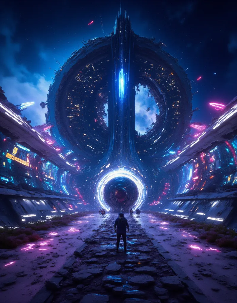 A cosmic and surreal landscape featuring a tiny hedgehog critter on all fours before an immense futuristic cityscape. (((The text: "NEVER STOP DREAMING" are at the top middle of the image.)) An enormous, glowing portal dominates across the horizon The port...