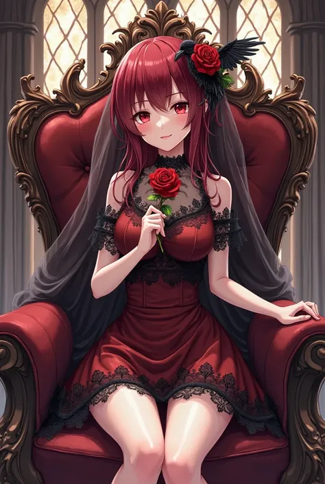 Anime girl with dark red hair, wearing dark red with black lace mini dress and a black lace veil, hold a red rose with a raven on it, sitting on a gothic Victorian throne in front of a big Victorian style stain glass window