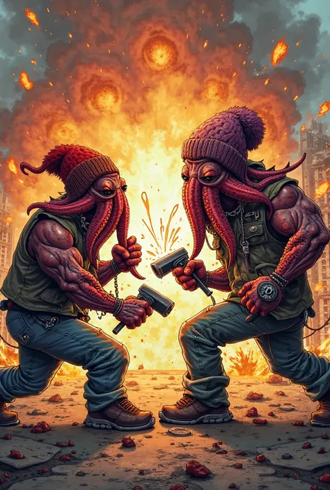 Two human-like octopuses　They are fighting while welding　b boy fashion　 American comics style　The background is an explosion　facing the front　I'm wearing a knitted hat while staggering