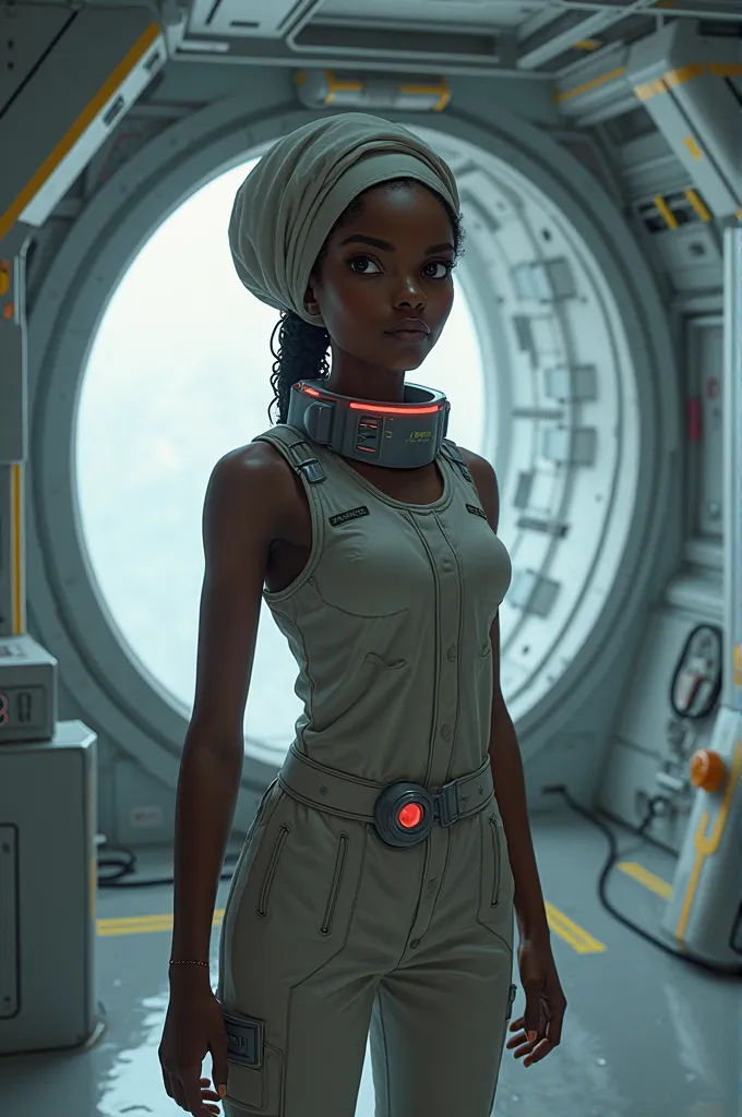 2025 18 year old legal Registered chattel African female house slave. she wear permanent shockcollar with fridchip. she wear slave space Clothes. She is serving on Space station.