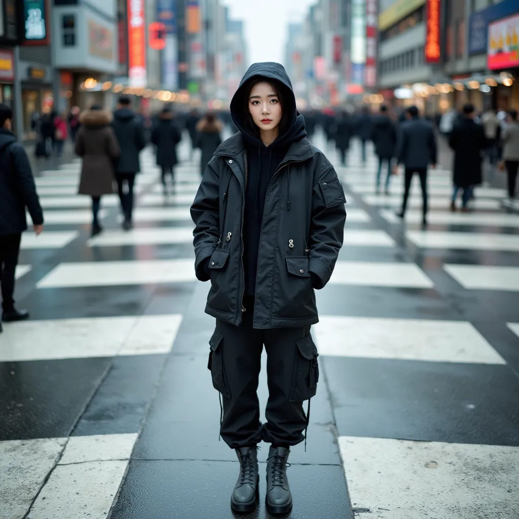 Photography, high aerial view, korean woman model, standing on massive a complicated crosswalk center inspired by shibuya scramble, stare into the camera, wearing techwear black washing safari jacket with black color thick hoodie, black washing cargo jogge...