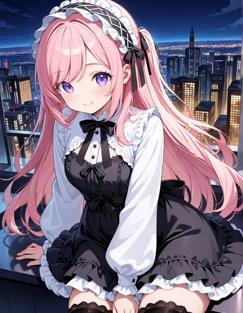 1girl, solo, voluptuous, (tareme:0.8), purple eyes, pink hair long hair, half updo, hair ribbon, swept bangs, general, gothic lolita, white shrug \(clothing\), puffy long sleeves, black dress short dress frilled dress front-tie dress, black lace-trimmed th...