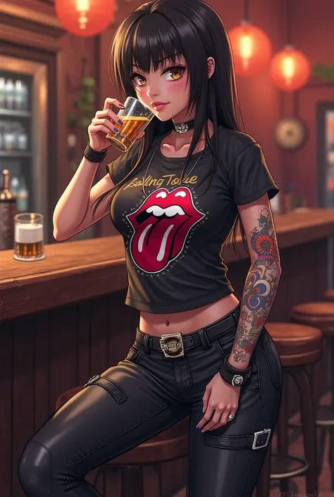 (Anime:1.2), beautiful woman, 26 years old, Straight Black Hair, Dark Brown Eyes, Slender, Small Tits (B-Cup), BREAK, Tight Leather Pants, Leather Biker Boots, Rolling Stones T-Shirt, "Harley" Necklace, BREAK, In A Biker Bar, Taking a Shot