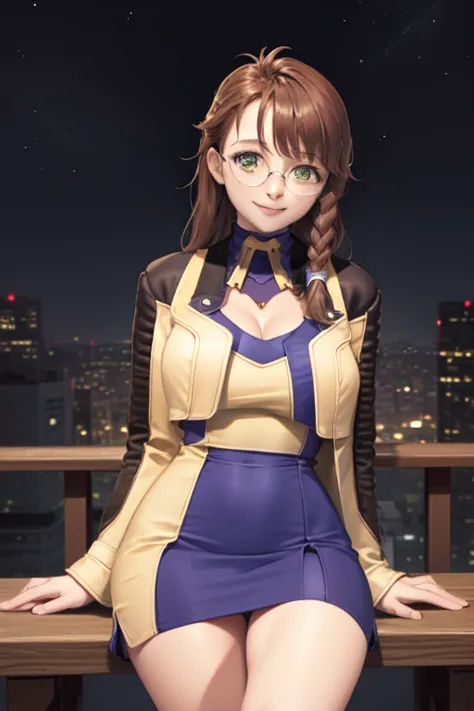    masterpiece,     the best quality ,  XS1shion     , glasses,      braid,      yellow jacket,  neckline , purple and yellow dress, socks,     big breasts,      looking at the spectator   ,      smile,      of foot,    cowboy shot ,    mouth shut,   head ...