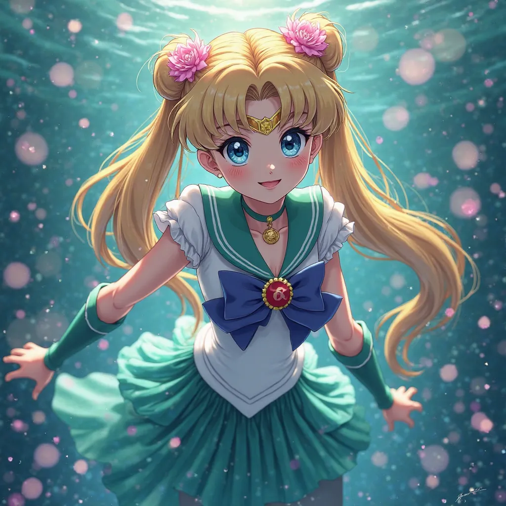 , Serena protagonist of Sailor Moon.She becomes a beautiful mermaid,a beautiful 25-year-old woman,  alone , high resolution, very long hair, Flor en Cada Chonguitos de Su Pigtails masterpiece,  Precise, 最High quality, Damaged, High quality, blonde,  The ey...