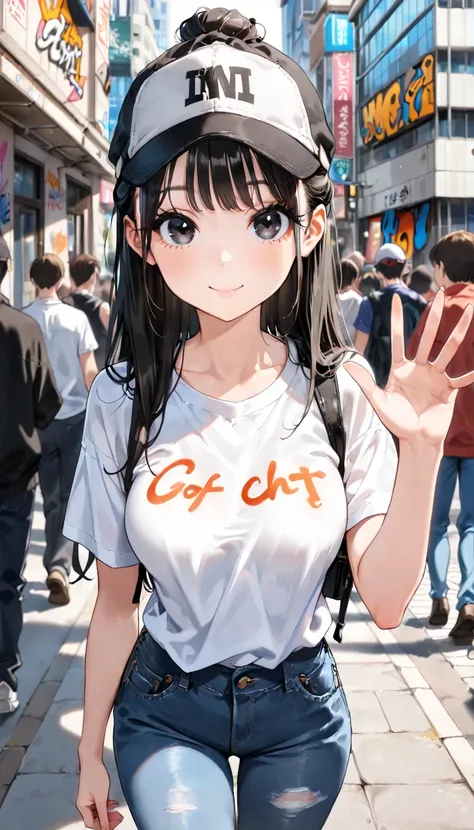 ((best quality)), ((Masterpiece)), (details), woman, (Medium breasts, black hair, black eyes, ((long hair, buns)) ,(Bangs) , beautiful face, Beautiful skin , Long eyelashes, Thick eyelashes), white t-shirt, graffiti, skinny jeans, looking at viewer,waving ...