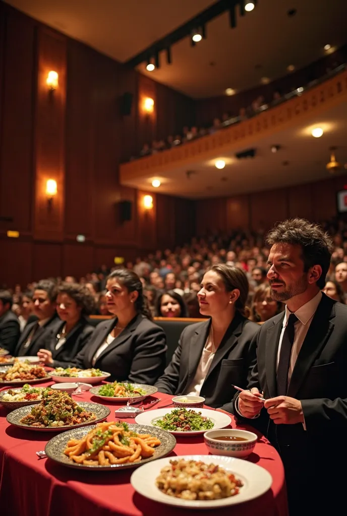 Imagine an elegant auditorium, illuminated with soft lights. in the center, there is a well-arranged table with a variety of typical Mexican dishes, as tlayudas, Mole and Enchiladas 

Four speakers, formally dressed, are on stage. Two of them could be pres...