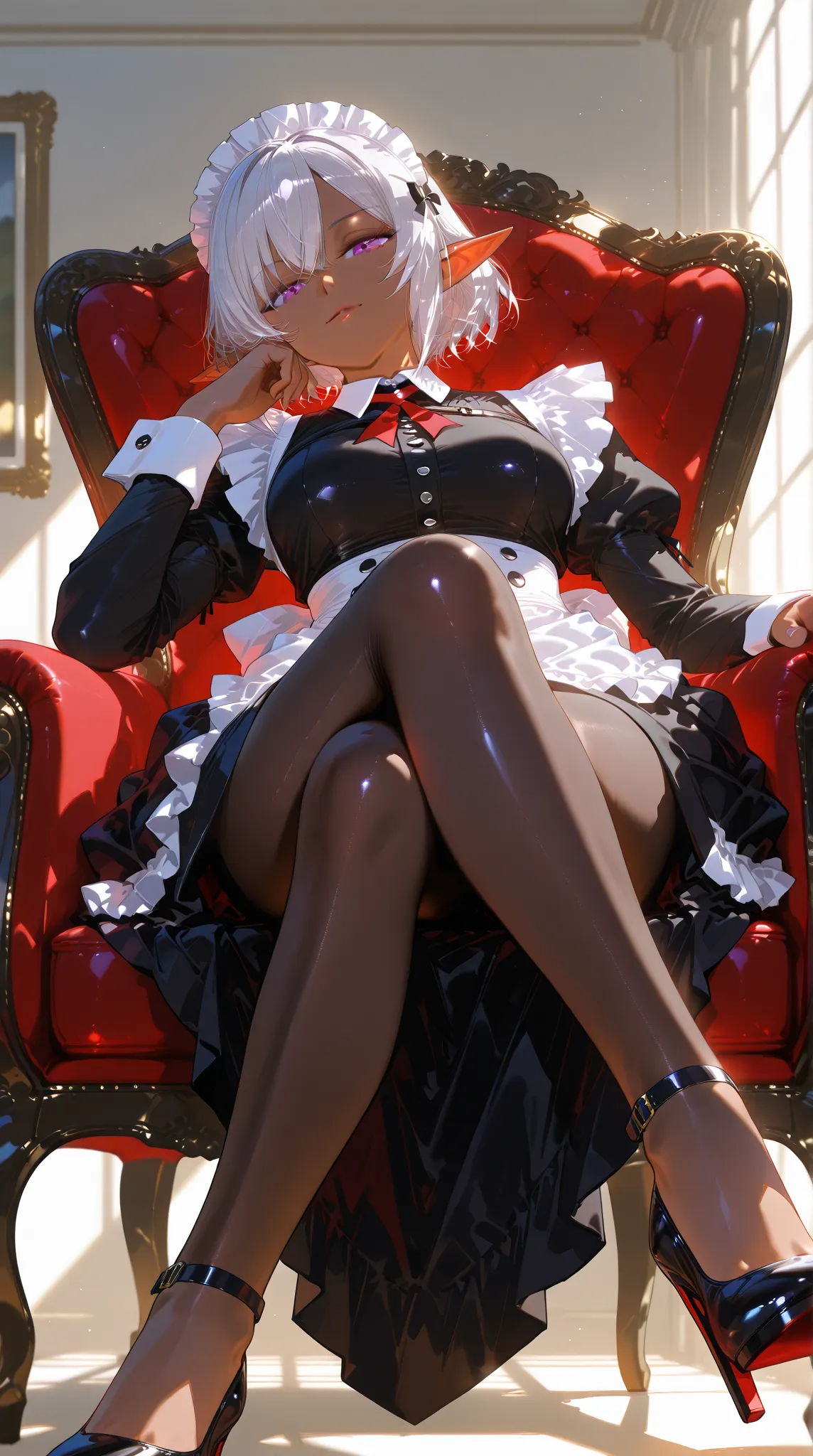 (A dark elf maid:1.3), (solo:1.4), (one character:1.4), short silver hair, purple eyes, dark skin, wearing a detailed classic maid outfit, black tights, high heels, sitting on an ornate red velvet chair, crossing her legs, arrogant expression, haughty smil...