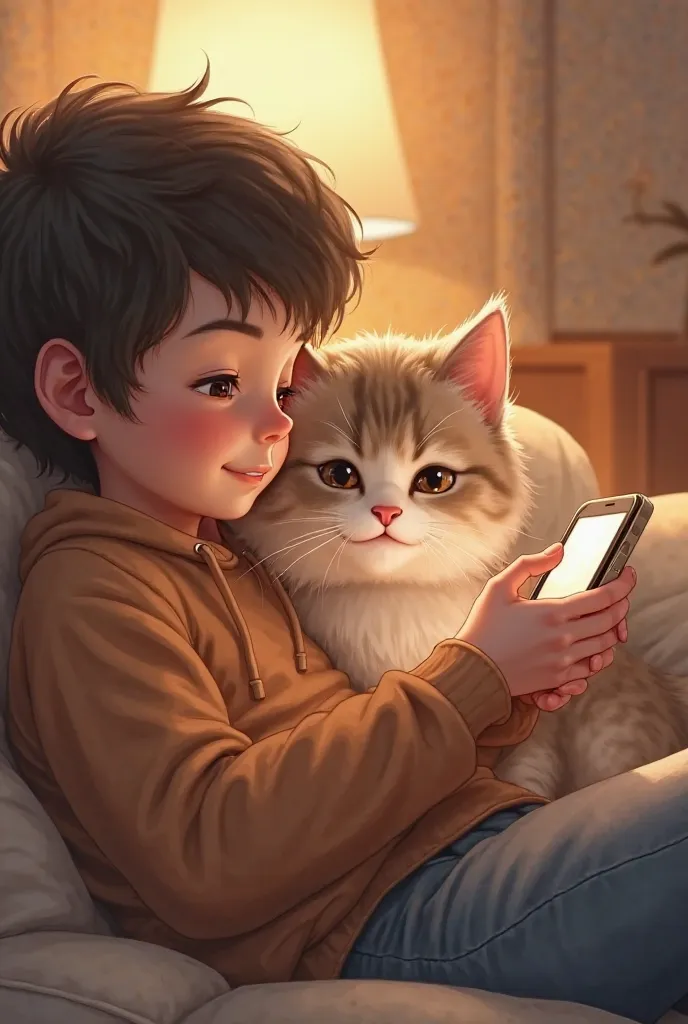 A cute  and a fluffy cat are sitting together on the sofa. The  has a mobile phone in his hand. The  and the cat are looking at the mobile phone together.