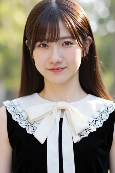 The image is a portrait of a Asian woman named Odakura with long brown hair. She is wearing a black dress with a white lace collar. The collar is tied in a bow at the neckline and has a white ribbon tied around it. She stared directly at the camera, reveal...