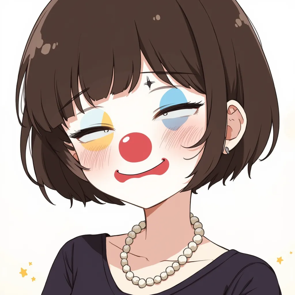  cartoon,The image shows a person with short, dark brown hair,  with bangs covering part of the forehead .  The person is wearing clown makeup, with white base , red lips, red nose and colored circles (blue and orange) on the cheeks and around the eyes. Th...