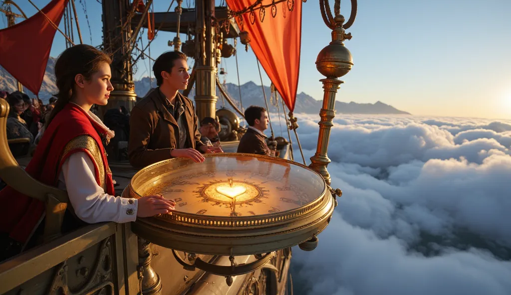 A heart-shaped compass guiding travelers through an airship journey. 16k resolution 