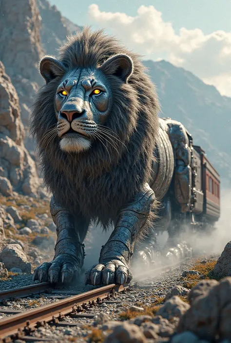 train fuse with lion in realistic image