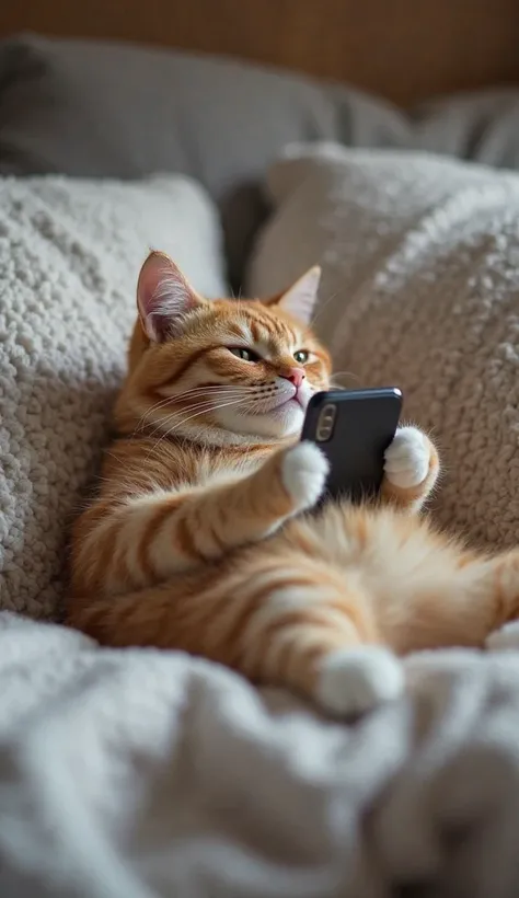 "A cat lying comfortably on a bed, with a relaxed and lazy expression. He holds a smartphone with both front legs, as if browsing or watching something. the atmosphere is cozy, with soft pillows and a slightly messy blanket.  The lighting is soft, creating...