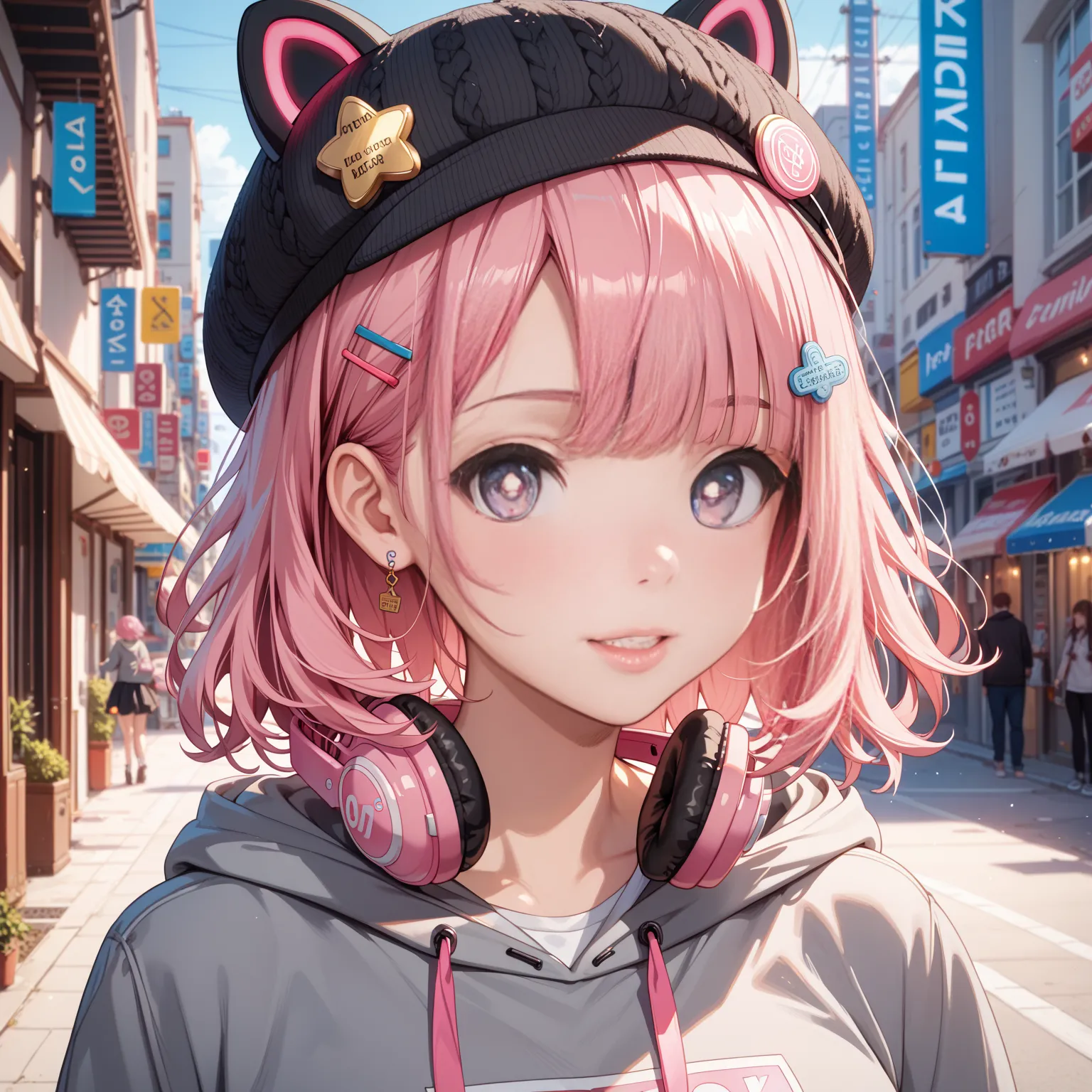 cute girl、 girl、gray hoodie、black knit hat by Dokromark、Pink sparkling eyes 、pink hair、 headphones around the neck、Skromark hairpin、are cool