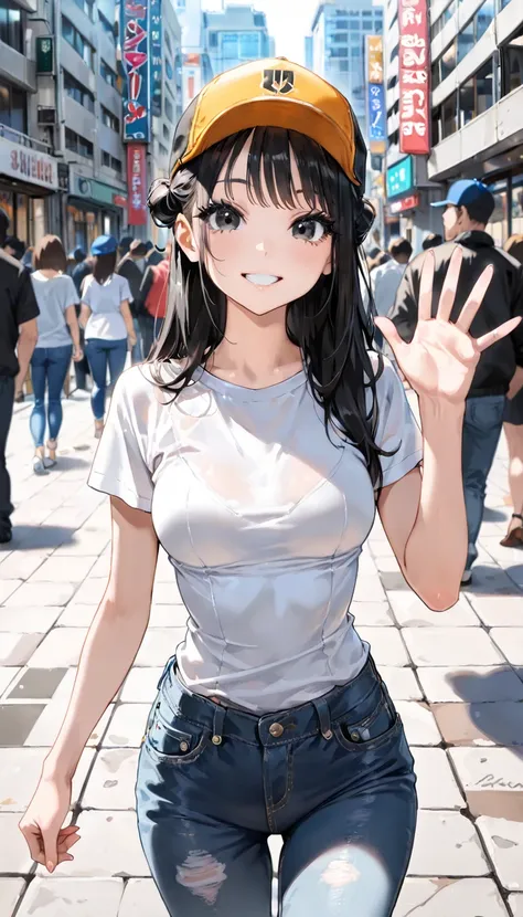 ((best quality)), ((Masterpiece)), (details), woman, (Medium breasts, black hair, black eyes, ((long hair, buns)) ,(Bangs) , beautiful face, Beautiful skin , Long eyelashes, Thick eyelashes), white t-shirt, graffiti, skinny jeans, looking at viewer,waving ...