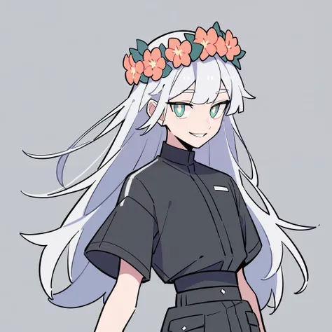 anime characters：1woman, adult, female focus, black short sleeve outfit, black clothes, black boots, cargo pants, only, female, only, Upper body, alone, white hair, long hair flower crown, thin eyebrows, green pupils, Light Grey background, simple backgrou...