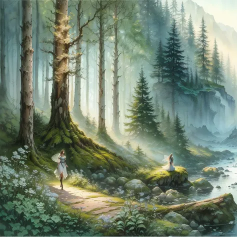 Picture of a woman walking through a forest with a creek, Beautiful fantasy paintings, Fairy tale painting, fantasy matte paint，cute, Fantasy watercolor, Fairytale Forest, Fairy Forest,  Fairy Kingdom Forest , Beautiful Oil Matte Painting , Beautiful artis...