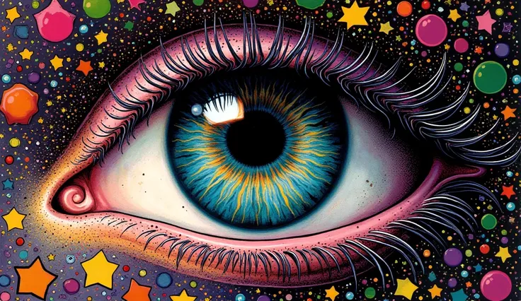  beautiful eye,  extreme closeup of an eye, 


psychedelic cosmic, oniric, fluid, ethereal,alex gray, Robert crumb, Hiroshi Nagai, paul laffoley, Magnificent, mystical,,
 psychedelic illustration,  alchemy (colors: purple, yellow, blue, green, orange, blac...