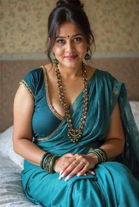 40 years old Indian beautiful woman sexy bhabhi, Big huge enormous gigantic humorous breast,Sleeveless blouse,very deep cleavage,curvy plus size model wearing transparent sky blue plain color saree, Dark blue satin glossy sleeveless blouse, plenty dark gre...