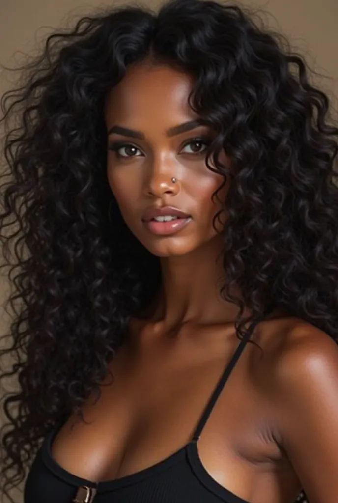 "A stunning black model with voluminous, curly hair that cascades to mid-back. She features a chic hoop nose piercing on the side, full luscious lips, and perfectly defined, arched eyebrows. Her mesmerizing almond-shaped eyes and seductive expression exude...