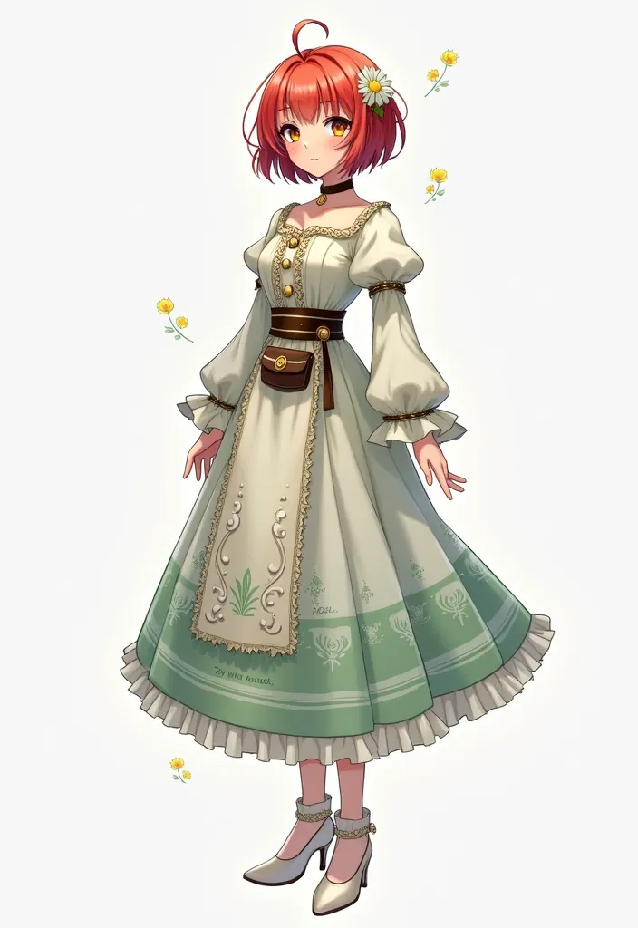 Character sheet of a cute and innocent medieval anime-style adult girl, full-body view, wearing a long and very detailed dress with a belt and a small pouch at on the side of her waist. The dress is white with green details. She has short red hair, yellow ...