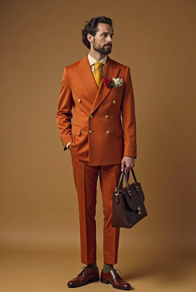 A man in an outfit of burnt orange double breasted suit with golden buttons, with a cream coloured shirt, cream coloured pocket square, and a mustard yellow ascot tie, a Red rose golden lapel pin, a light brown Oxford shoe with chocolate brown socks, and a...