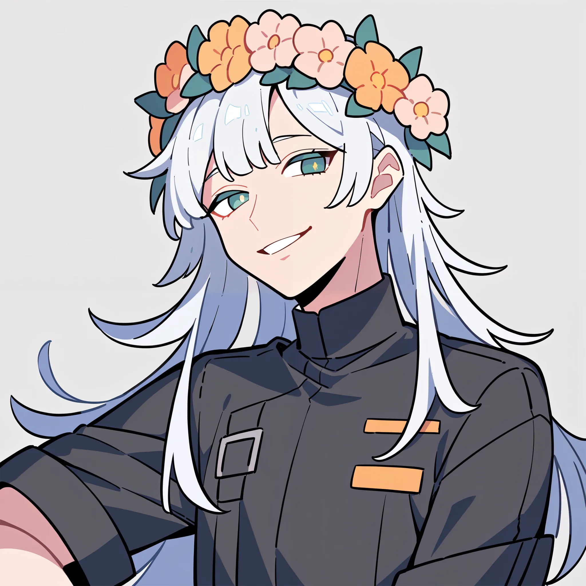 anime characters：1woman, adult, female focus, black short sleeve outfit, black clothes, black boots, cargo pants, only, female, only, Upper body, alone, white hair, long hair flower crown, thin eyebrows, green pupils, Light Grey background, simple backgrou...