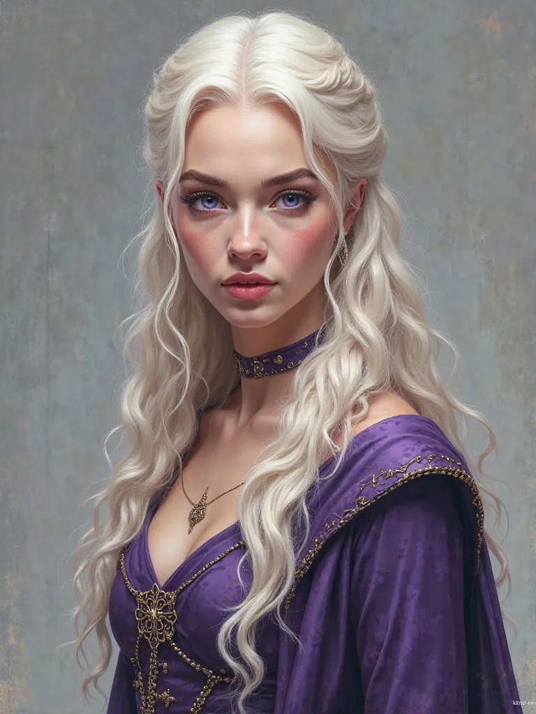 Create a realistic portrait of Rhaenyra Targaryen as described in the book of Blood and Fire, platinum hair,  violet eyes and white skin  