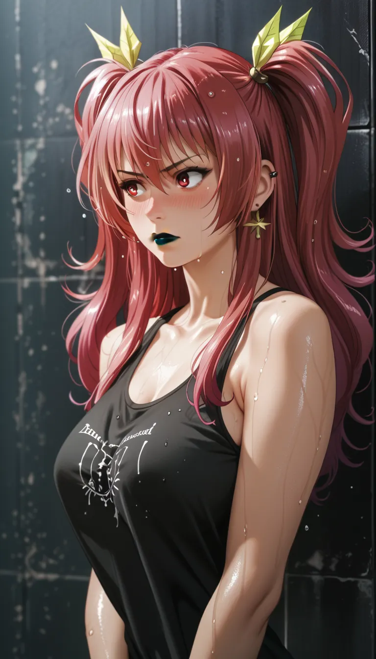 score_9, score_8_up, score_7_up, source_anime, stella vermillion, long hair, crimson hair, crimson eyes, 1girl, solo, blush, two side up,eyes brown,black tank top, gothic make-up, pierced ears, big breast, perfect body, black lipstick, Smooth, dewy armpits...