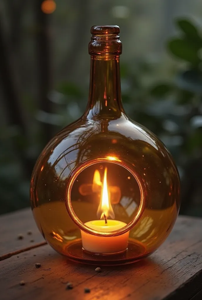 Place a candle inside a bottle of wine, The wine bottle must have a round hole in part of the wall of the wine bottle