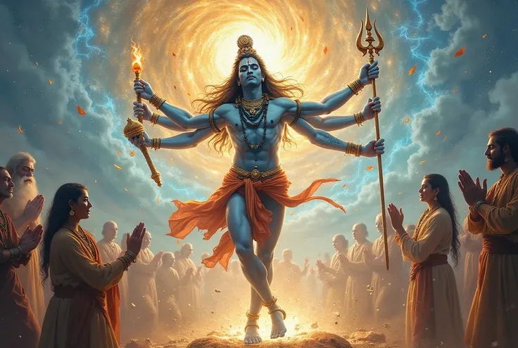 "An ethereal depiction of Shiva performing the Tandava dance in a celestial realm. His multiple arms move gracefully, holding the trident, damaru, and fire, while the universe trembles in cosmic rhythm. Parvati watches with divine admiration, as celestial ...