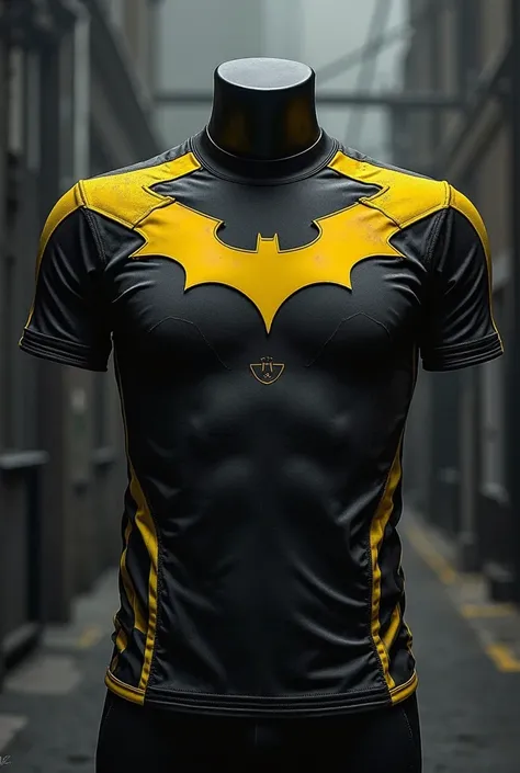 Make an image of an aestethick sports shirt representing Batman with his characteristic colors black and yellow