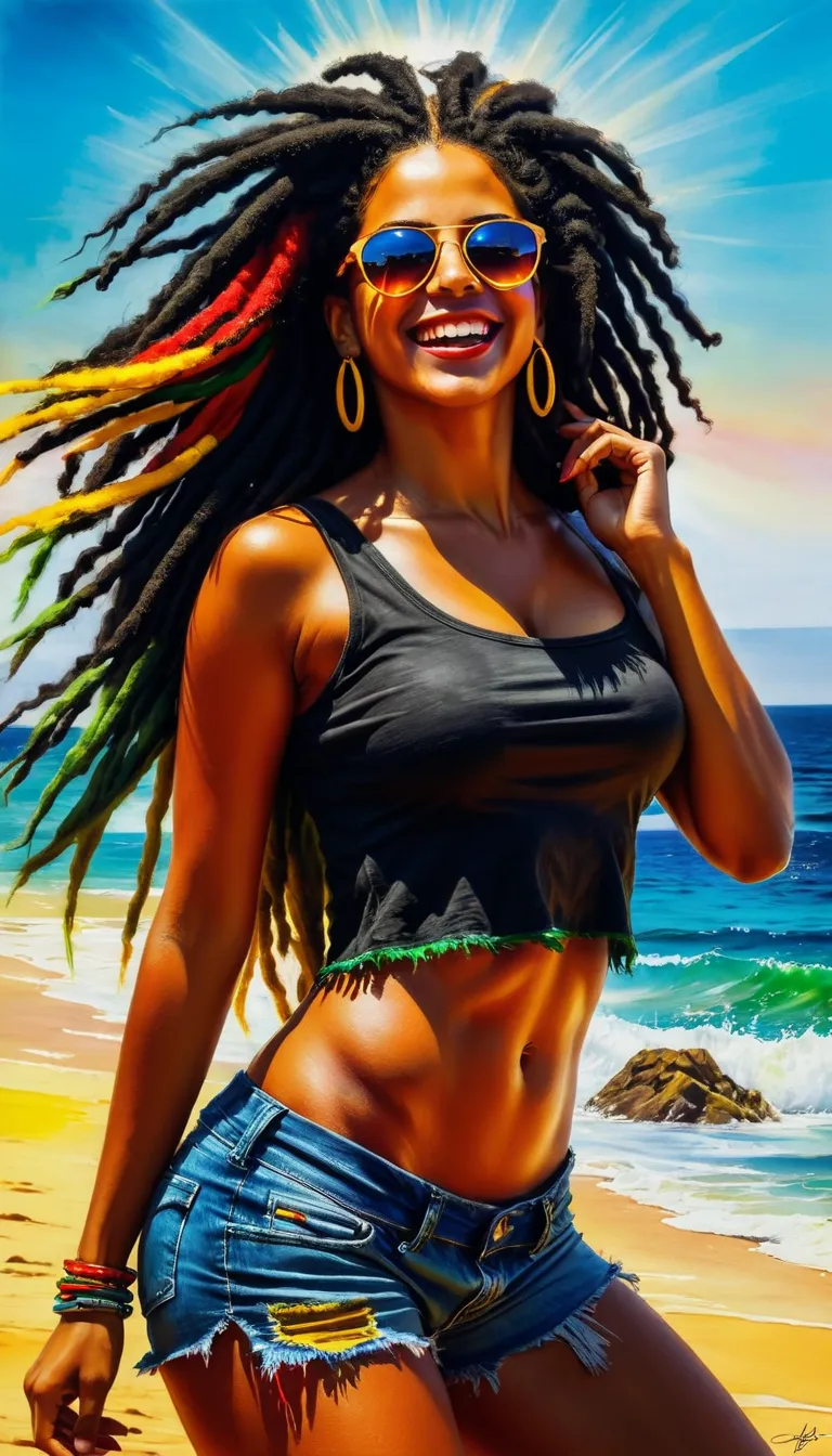 Garota negra rastafari aproveitando o nascer do sol, colorful summer outfit stands out, Energetic and lively scene.
Estilo de Gabriele Dell&#39;Otto, Meio da jornada de IA, saturated cores, Aquarela, oil paints,   HDR, 500px, 4k,