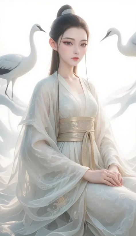 a girl, Ancient Chinese clothing, full body, sunshine, Clear face, Clean White Background , masterpiece, super detailed, Epic Composition, Ultra HD, high quality, Extremely fine, Official Art , Clear 8k Wallpaper , super detailed, 32K,CG,crane girl...