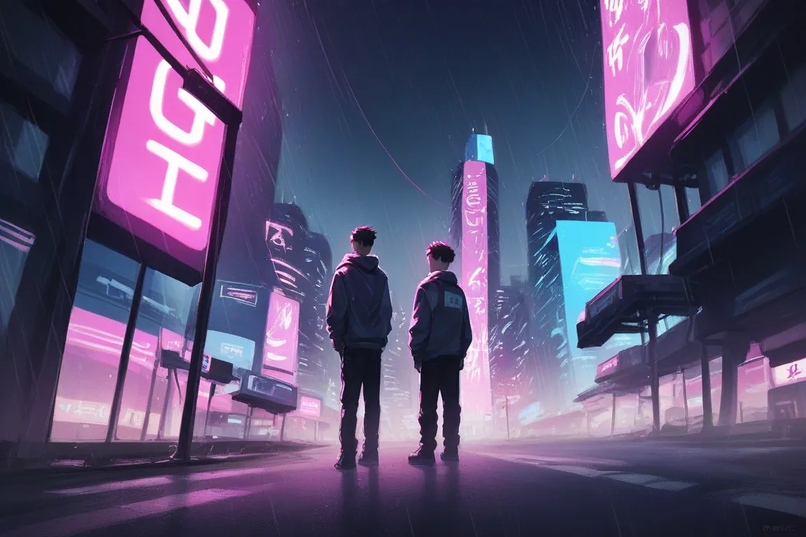 (best quality), (great details), futuristic city ((city is in the background)), (The city is in the background), ((Highlight background:1.4)), ((neon details of the city: 1.4)), Neon lights, grandes outdoors, Rain falls, 1 young man, ((man seen from afar))...