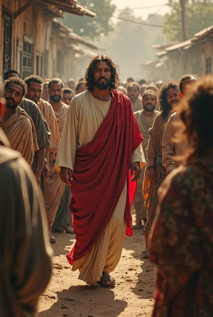 jesus, Jairo and the crowd arriving at Jairo's house, where there are many people crying and mourning the death of . jesus diz: 'The  is not dead, But sleep.'The surrounding people react with disbelief and laughter."