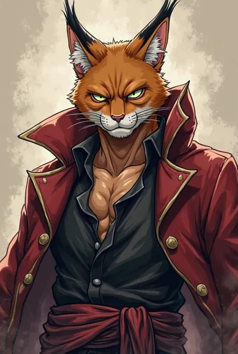 Create a male character that resembles the Mink race from One Piece, He has to be a Lynx cat with brown skin and look like a pirate, Do it in anime traits and with an angry expression, use dark clothes in your creation