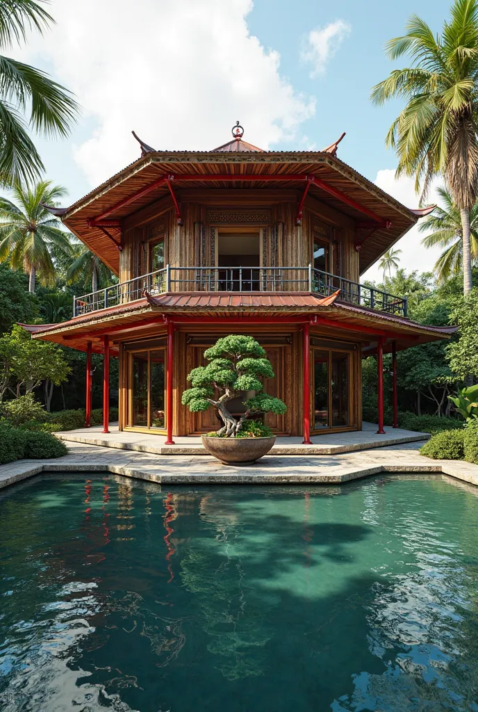 Realistic view of a Chinese-inspired villa in Jarabacoa,  Dominican Republic . The architecture follows the shape of a Chinese fan a hexagonal design unfulfilled. A large central roof covers the main area, surrounded by a pond that reflects the structure. ...