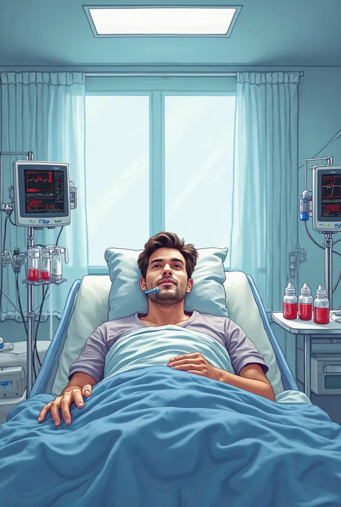 Image of an adult patient in a large and well-lit environment of a intensive care unit (UTI). The patient is lying on a bed, with a heart monitor next to, showing vital signs. He is using oxygen support through a mask. next to the bed, two infusion pumps a...