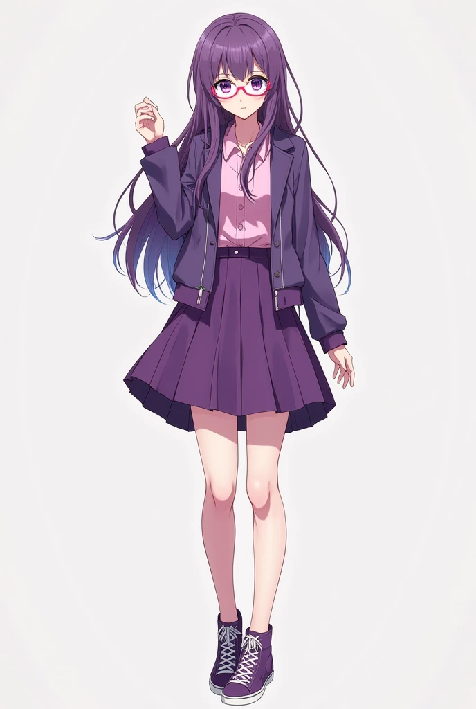 An anime beauty with long purple hair, wearing pink glasses and purple eyes, wearing a purple jacket over a pink shirt, a knee-length purple skirt and purple shoes with white laces, full body front