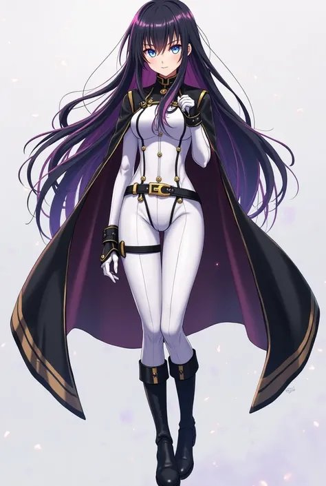 Create a female character with long black almost purple hair, with light blue eyes and a little bit of Violet who wears a tight full suit that is white With black boots and a black cape Full body,  Anime Boku no hero Academia 