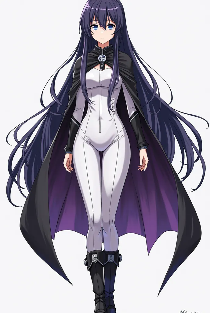 Create a female character with long black almost purple hair, with light blue eyes and a little bit of Violet who wears a tight full suit that is white With black boots and a black cape Full body,  Anime Boku no hero Academia 